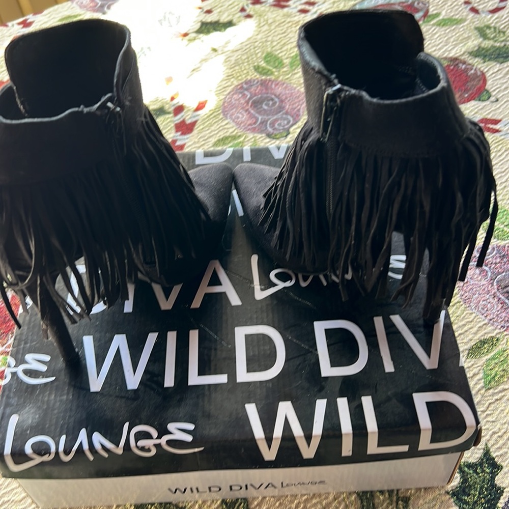 Black Suede Fringe Heeled Booties - Picture 4 of 10